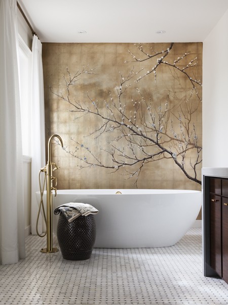feminine bathroom with a wallpaper cherry blossom golden nature view