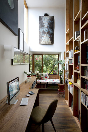 bright, narrow office space with light and natural wood via flor | awakening sacred flow